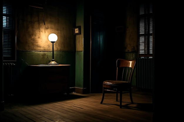 Una habitación oscura con una lámpara y una silla en la esquina.
