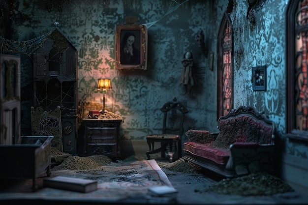 Foto una habitación oscura con una lámpara y un sofá