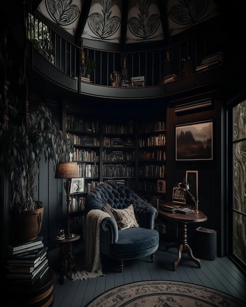 Una habitación oscura con una librería y una silla azul.