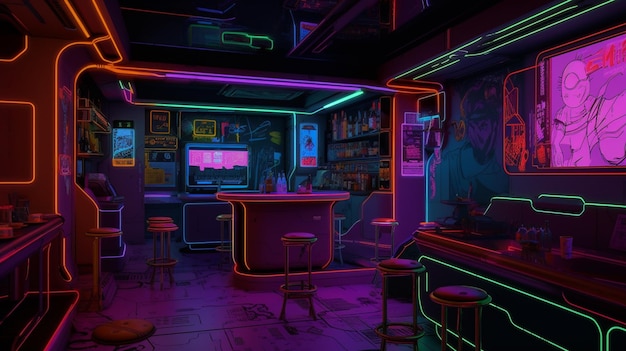 Una habitación oscura con luces de neón y un bar con un cartel que dice 'cyberpunk'