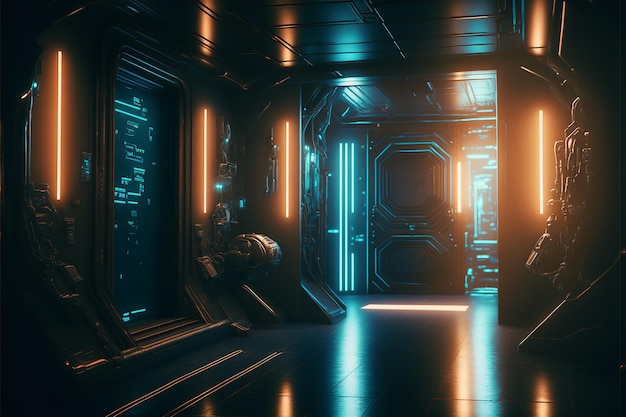 Una habitación oscura con luces de neón y una puerta que dice cyberpunk.