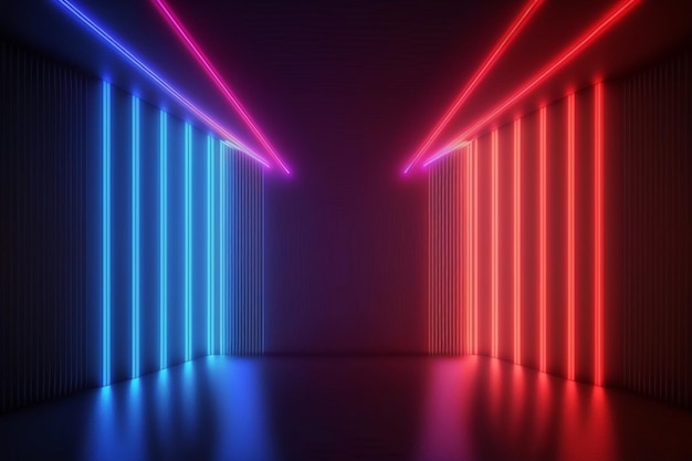 Una habitación oscura con luces rojas y azules y una casa en la pared.