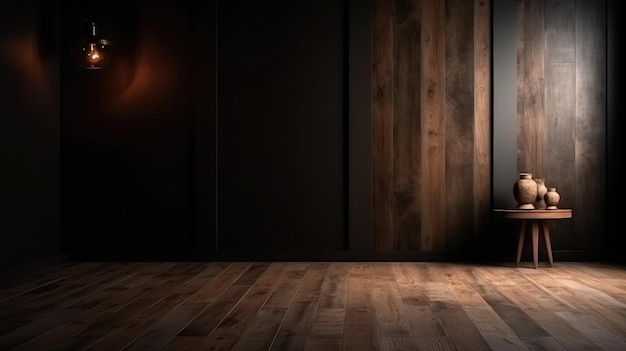 Una habitación oscura con una luz en la pared y una luz en la pared