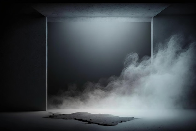 Una habitación oscura con una luz en la pared y de la que sale humo.