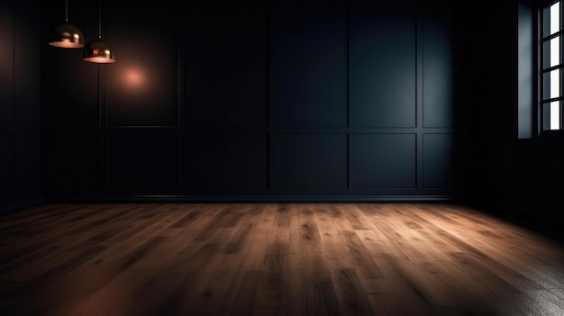 Una habitación oscura con una luz en la pared.