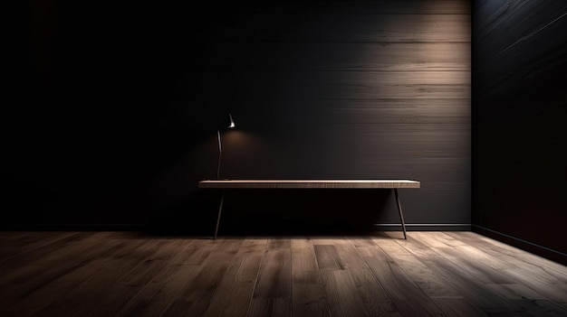 Una habitación oscura con una mesa y una lámpara encima.