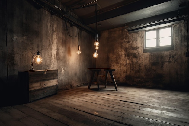 Una habitación oscura con una mesa y luces que cuelgan del techo.