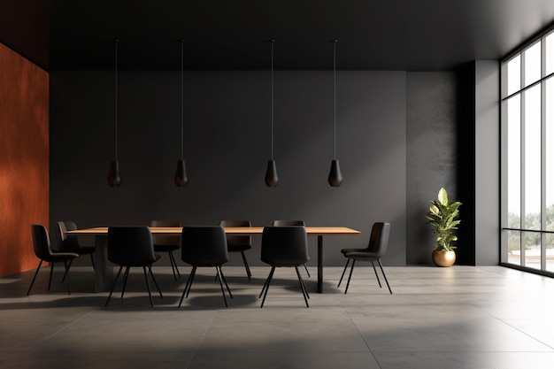 Una habitación oscura con una mesa y sillas y una planta en la pared.