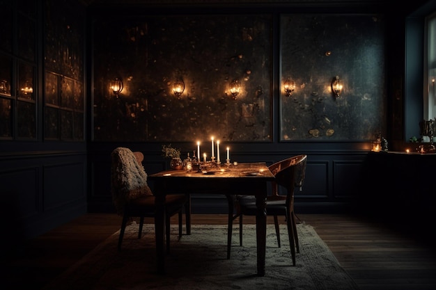 Una habitación oscura con una mesa y sillas y una vela encima.
