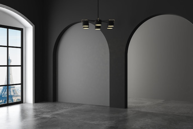 Habitación oscura minimalista con fondo de pared de hormigón vacío en casa moderna, diseño interior mínimo