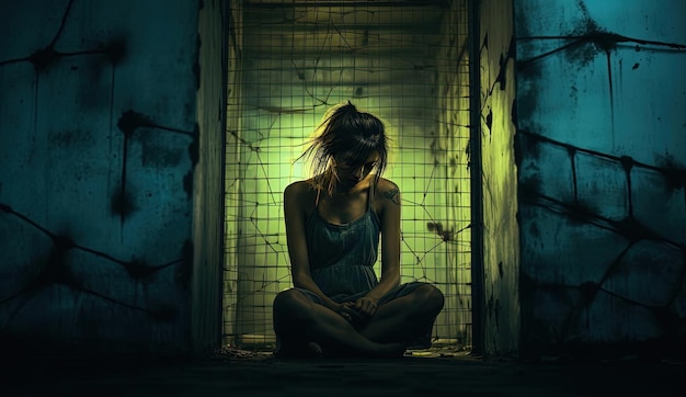 una habitación oscura con una mujer en una posición aislada al estilo de imaginativas escenas carcelarias