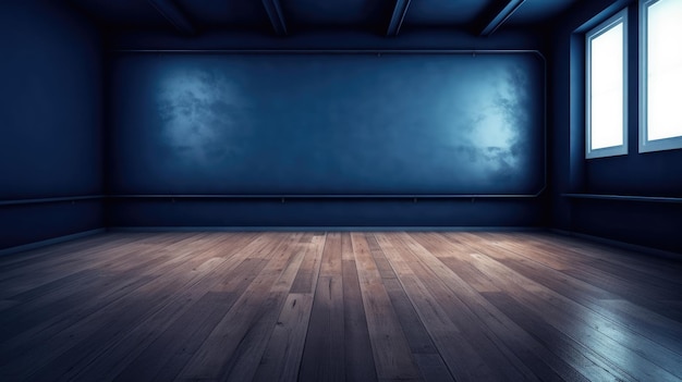 Una habitación oscura con una pared azul y una luz encendida.