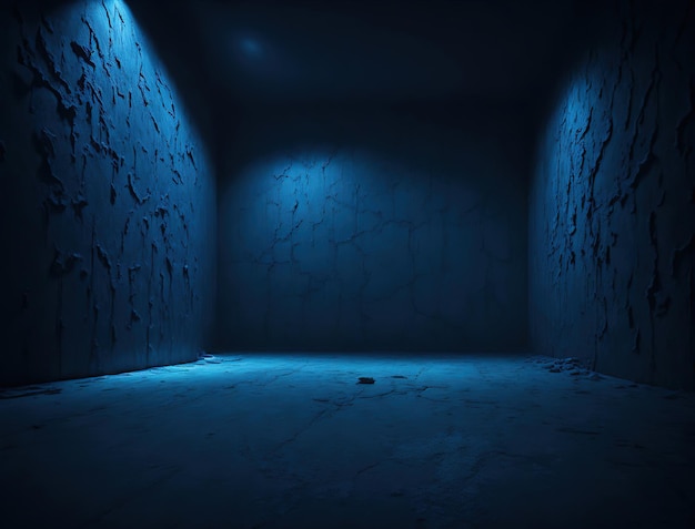 Una habitación oscura con una pared azul y una luz en la pared.