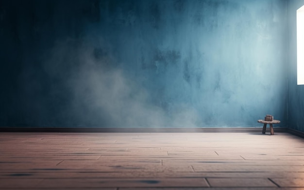 Una habitación oscura con una pared azul y una nube de humo.