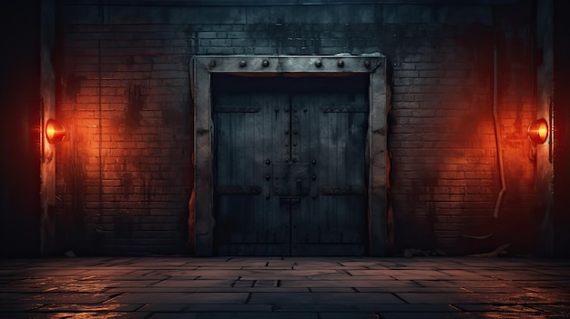 Una habitación oscura con una pared de ladrillos oscuros y una pared de ladrillos oscuros con fuegos artificiales a la izquierda.
