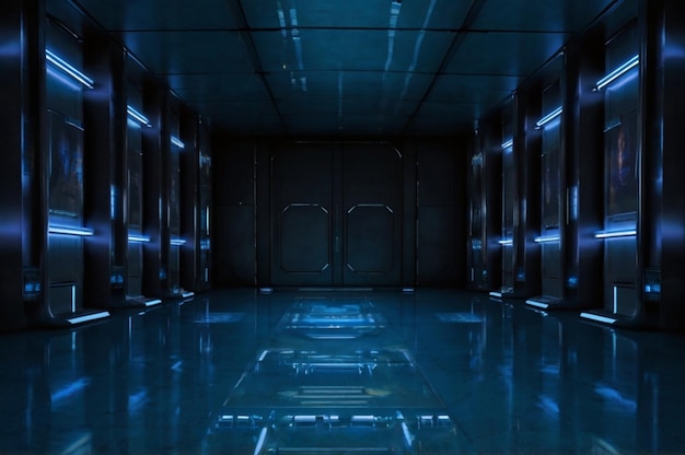 una habitación oscura con un piso azul y una luz azul en el lado izquierdo