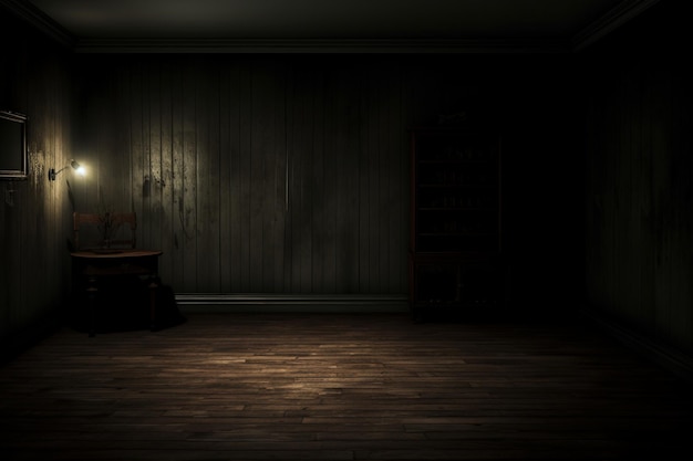 Foto una habitación oscura con un piso oscuro y una pared oscura con una luz brillando sobre ella