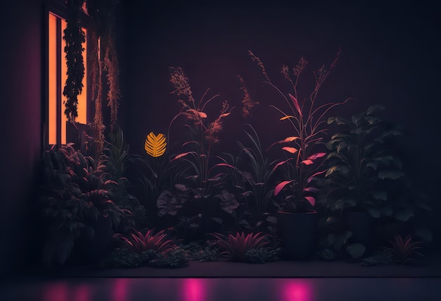 Una habitación oscura con plantas y una luz de neón.