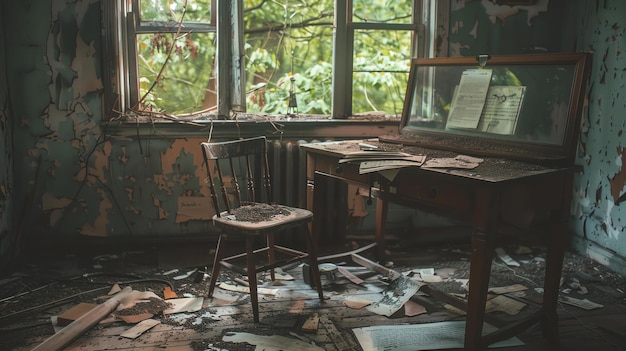 Una habitación oscura y polvorienta con una sola ventana la ventana está cubierta de telarañas y las paredes están pelando pintura