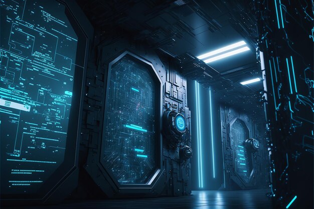 Foto una habitación oscura con una puerta futurista azul y verde y una pantalla verde que dice cyberpunk.