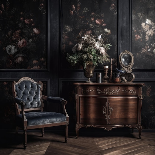 Una habitación oscura con una silla azul y un jarrón de flores en el aparador.