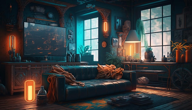 Una habitación oscura con un sofá y una lámpara que dice 'la palabra muerta'