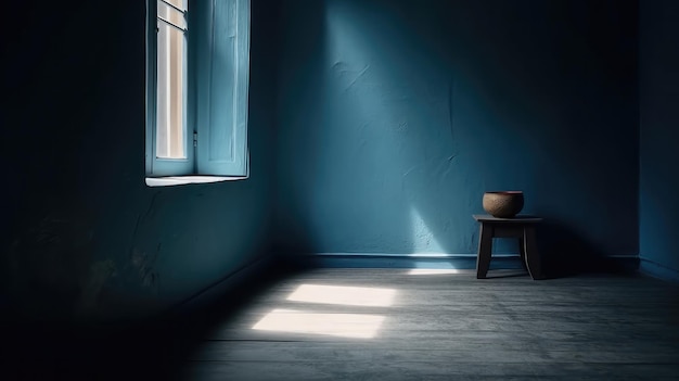 Una habitación oscura con un tazón sobre una mesa pequeña y una ventana que dice "la palabra en ella"