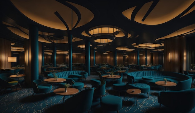 Una habitación oscura con techo alfombrado azul y un gran número de mesas y sillas.
