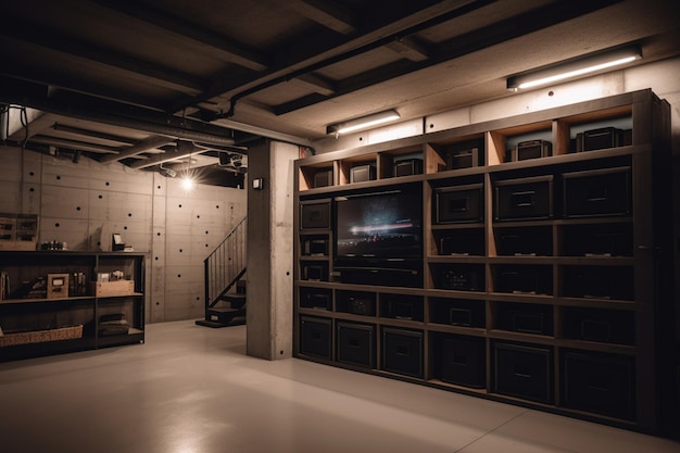 Una habitación oscura con un televisor en la pared y un televisor en la pared.