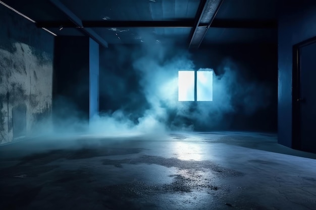 Una habitación oscura con una ventana y humo de fondo.