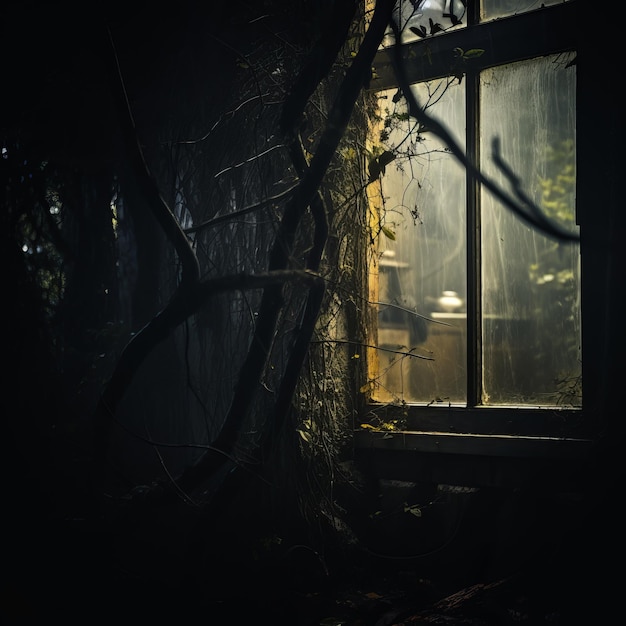 Foto una habitación oscura con una ventana en medio de un bosque