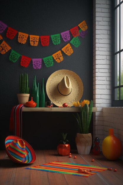 Una habitación con una pancarta mexicana colgando del techo.