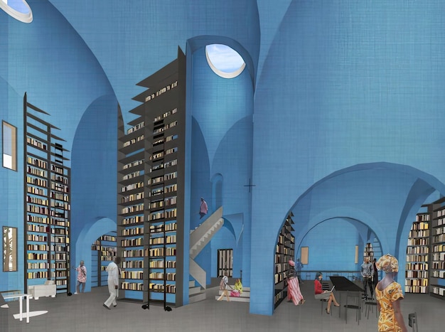 una habitación con una pared azul con libros en ella y un gran reloj en la parte superior