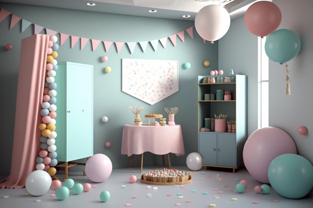 Una habitación con una pared azul y una mesa rosa y blanca con globos de colores y un letrero que dice "pascua".