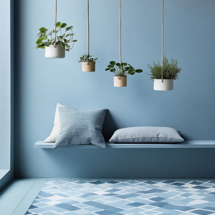 una habitación con una pared azul y plantas colgando del techo