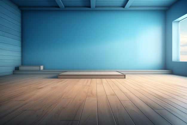 Una habitación con una pared azul y una plataforma blanca en el centro.