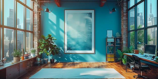 Habitación con pared azul y ventana grande con IA generativa