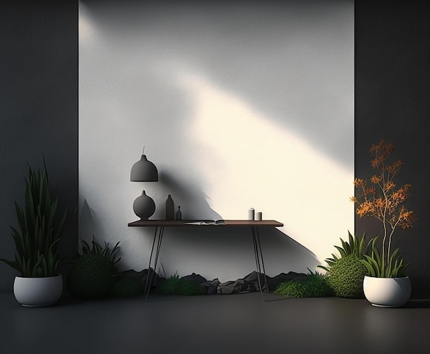 Una habitación con una pared blanca y plantas encima.