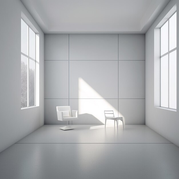 una habitación con una pared blanca y sillas y una mesa con sillas.