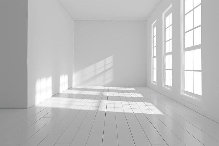 una habitación con una pared blanca y una ventana con el sol brillando sobre ella