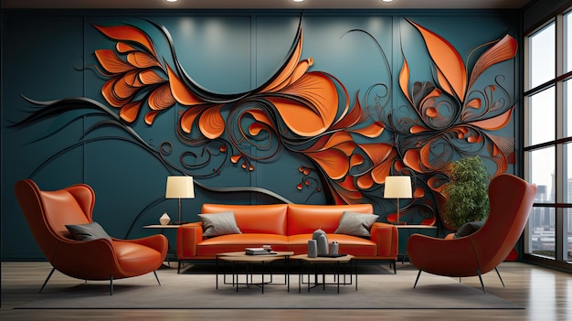 una habitación con una pared de muebles naranja y naranja.