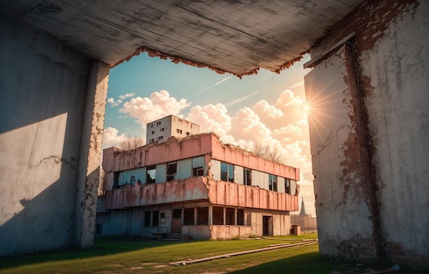 Una habitación con una pared rota y el cielo es azul y el sol brilla a través de las ventanas.