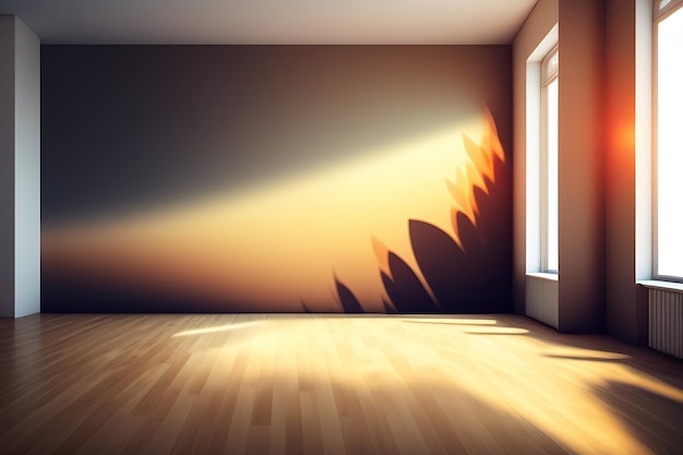 una habitación con una pared y una ventana con una puesta de sol en la pared.