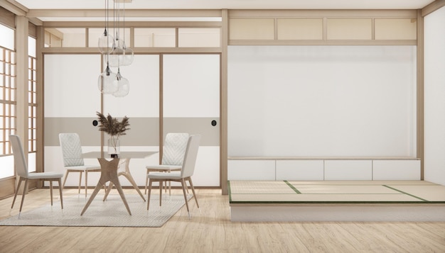 Habitación pequeña de estilo japonés moderno, cocina y mesa de comedor, piso de madera de pared blanca