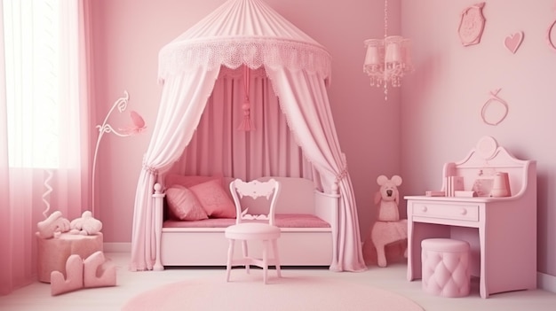 La habitación de la pequeña princesa rosa con cama con dosel, escritorio y silla.