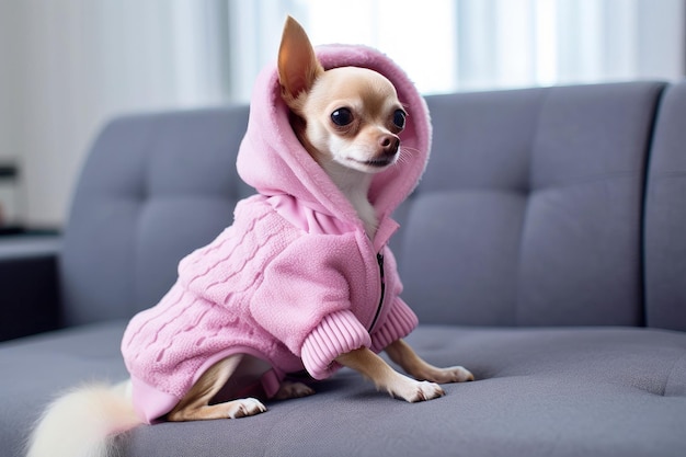 Habitación con un perro chihuahua vestido de casa.