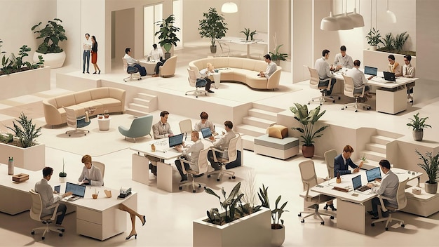 una habitación con personas que trabajan en computadoras y una planta grande en el centro