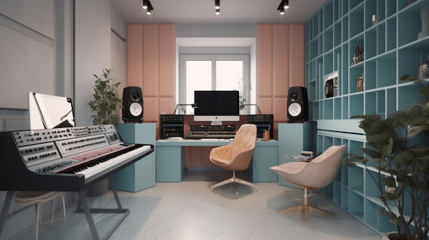 Una habitación con un piano y un mueble azul claro con un teclado blanco delante.