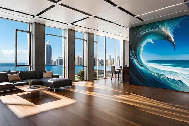 Una habitación con una pintura de un horizonte y un paisaje urbano