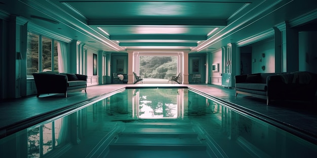 Una habitación con una piscina en el medio
